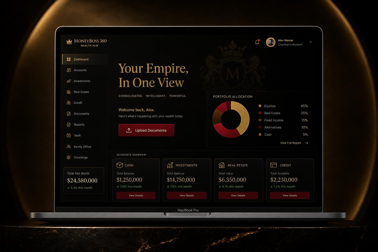 MoneyBoss 360 wealth hub on MacBook Pro